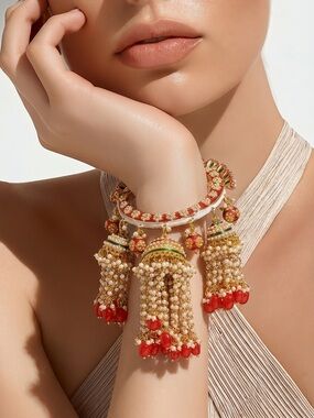 Vintage Indian Red Gold Jhumka Bangle Statement Bracelet Kundan Pearl